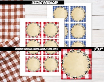 3"x 3" PRINTABLE red and blue Gingham sticky notes Kitchen note card sheet printable to do note cards-Square Jar labels gingham tags sheet