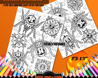 2 Printable Halloween Coloring pages-printable coloring sheet-Halloween fun activity-spooky coloring sheet-spooky coloring book-Spiders art