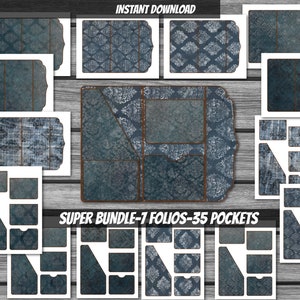SUPER PACOTE - Pacote de fólio para diário de jeans vintage com estampa de damasco - Kit fólio para diário de jeans sujo - Encarte para fólio de jeans surrado