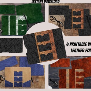 Może przedstawiać: Kolekcja czterech drukowanych, skórzanych teczek w stylu vintage w różnych kolorach, w tym zielonym, czarnym, niebieskim i brązowym. Każdy projekt teczki posiada przegródki na karty i teksturowany wygląd skóry. Obraz zawiera okulary i długopisy.