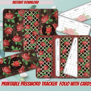 May include: A set of printable password tracker folios and cards. The folios and cards feature a black background with red roses and green leaves. The folios have a lattice design overlay. The text "INSTANT DOWNLOAD" and "PRINTABLE PASSWORD TRACKER FOLIO WITH CARDS" are visible.