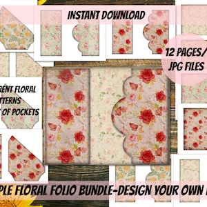 May include: Digital download of a floral folio bundle with various designs. The image displays multiple pages with floral patterns, including red roses and other flowers. Text includes "4 DIFFERENT FLORAL PATTERNS", "2 STYLES OF POCKETS", "INSTANT DOWNLOAD", and "12 PAGES/ JPG FILES".