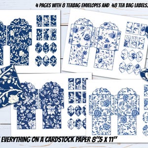 PRINTABLE Chinoiserie tea bag envelopes and tags bundle Digital Download tea bag holder tea party DIY Cottage floral tea party ephemera.