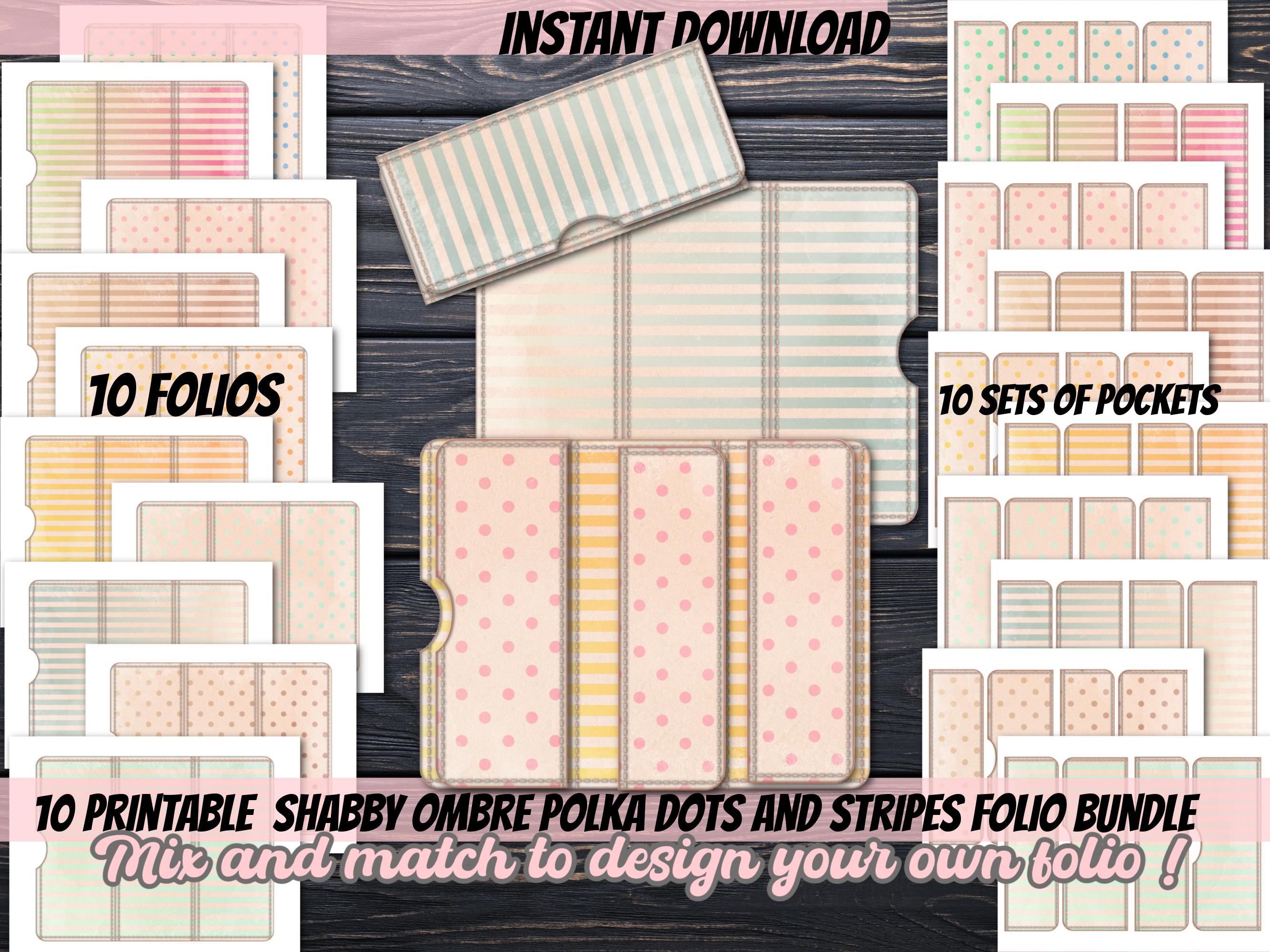 10 PRINTABLE Vintage Shabby ombre polka dot and stripes junk journal folio insert with pockets bundle to design your own ephemera folder