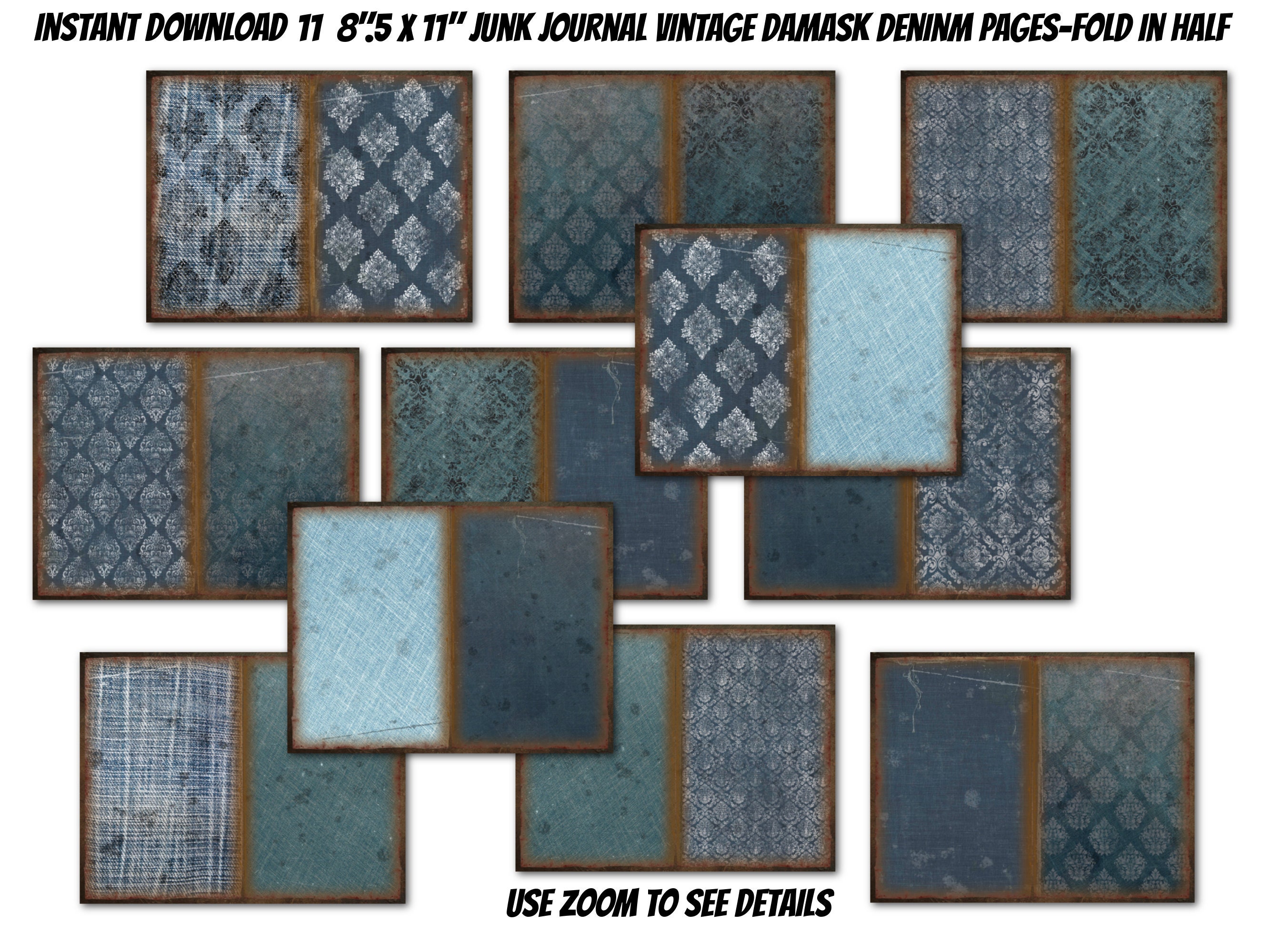 11 PRINTABLE Vintage Denim Damask Junk Journal Pages-distressed Jean ...
