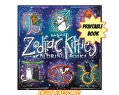 PRINTABLE Zodiac Kitties Coloring book Digital Horoscope coloring book digital Cat Coloring pages bundle Celestial coloring book zodiac Sign