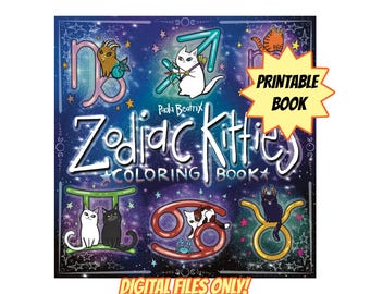 PRINTABLE Zodiac Kitties Coloring book Digital Horoscope coloring book digital Cat Coloring pages bundle Celestial coloring book zodiac Sign