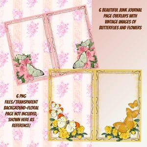 Vintage Colorful butterfly and flowers OVERLAY for junk journal pages PNG frame commercial use journal page template design your own papers