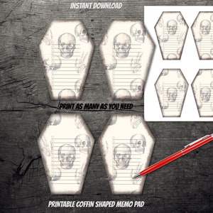 以下が含まれることがあります： 骸骨と骨の模様がついた棺の形をした印刷可能なメモ帳。画像には「INSTANT DOWNLOAD」と「PRINT AS MANY AS YOU NEED」のテキストが表示されています。
