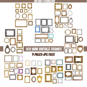 Peut inclure: Une collection de 102 mini cadres vintage de différentes formes, dont rectangulaires, ovales et en forme de cœur. Les cadres sont en or, argent, noir et autres couleurs. L'image comprend le texte "INSTANT DOWNLOAD" et "102 MINI VINTAGE FRAMES 9 PAGES-JPG FILES."