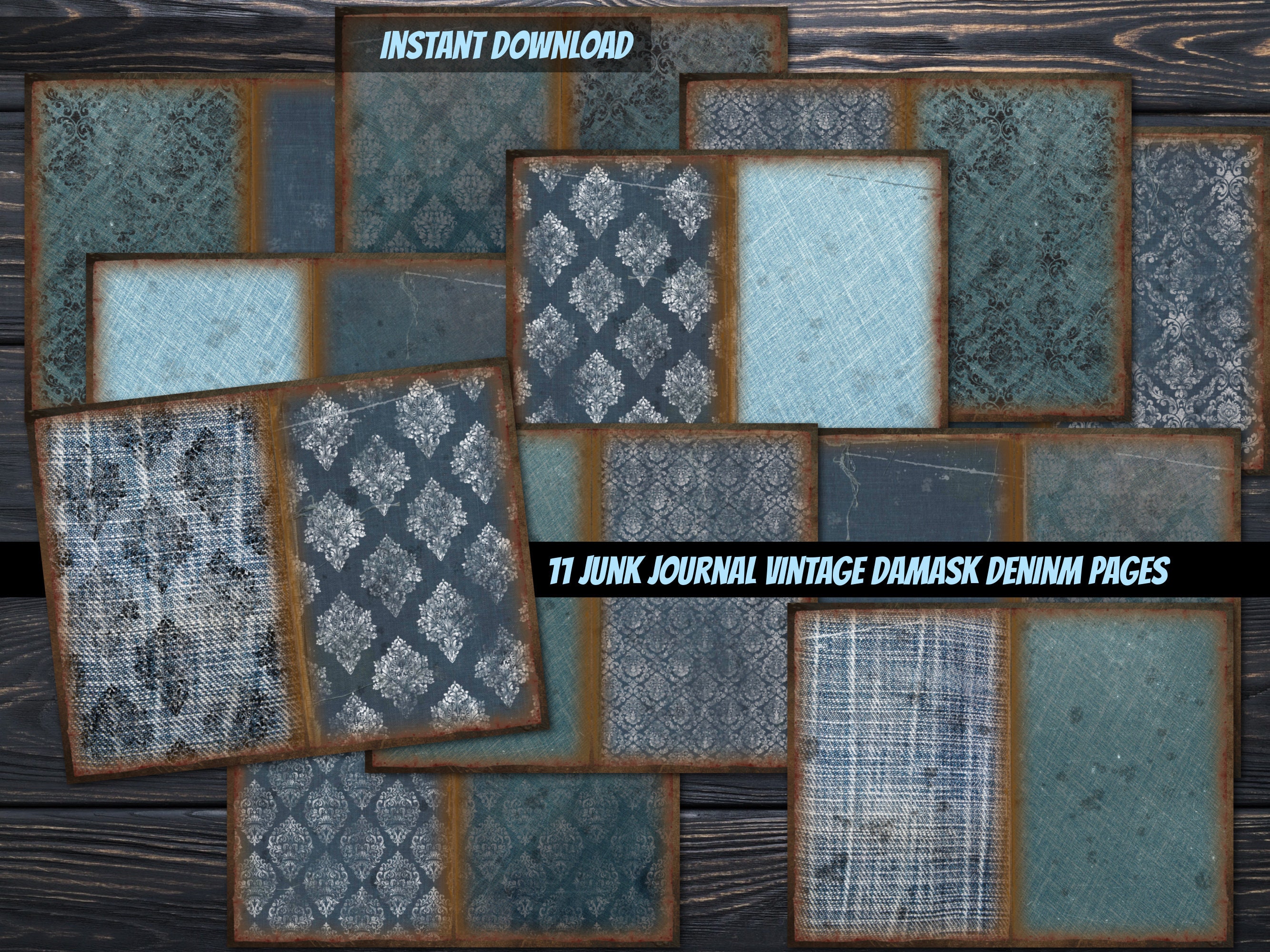 11 PRINTABLE Vintage Denim Damask Junk Journal Pages-distressed Jean ...