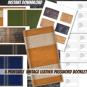 Könnte beinhalten: Eine Auswahl an druckbaren Passwort-Heften aus Vintage-Leder. Das Bild zeigt verschiedene Designs, darunter braune, beige, grüne und blaue Ledertexturen. Der Text "5 Printable Vintage Leather Password Booklets" ist sichtbar.