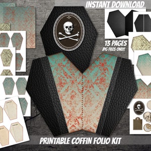May include: A printable coffin folio kit with a gothic theme. The kit includes a black leather-textured folio with a skull and crossbones emblem, patterned papers, and coffin-shaped elements. The text "INSTANT DOWNLOAD" and "13 PAGES JPG FILES ONLY!" are visible.