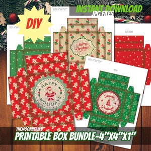 May include: Printable Christmas box bundle with festive designs. Templates feature gingerbread men, candy canes, and holiday greetings. Assembled boxes measure 10.16cm x 10.16cm x 2.54cm. Instant download available.