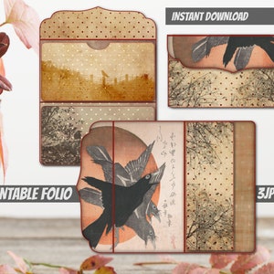Carpeta imprimible vintage neutral con diseño de cuervos, carpeta beige imprimible con bolsillos, inserto de diario basura, efímera gótica, folio con diseño de cuervos