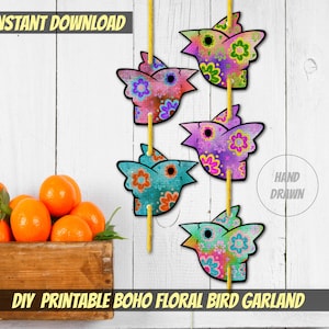 PRINTABLE colorful Spring birds garland Digital Download Boho floral garland retro watercolor bird wall garland wall decor-cute bird garland