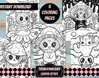 PRINTABLE cute Mushroom Kitties Coloring page bundle instant download diy fun activity for kids and adults-Cat lovers Digital coloring book