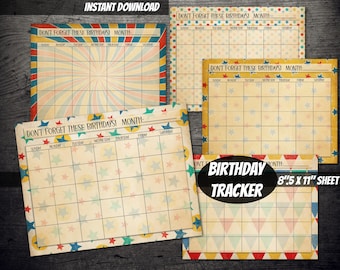 PRINTABLE vintage perpetual Birthday Tracker bundle-Birthday planner calendar organization sheet DIY planner-instant download planner pages