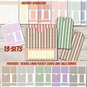 Lot de 13 étiquettes et étiquettes imprimables pour carte de style campagnard en lin, vintage, scrapbooking, téléchargement, journal de bord de poche rayé