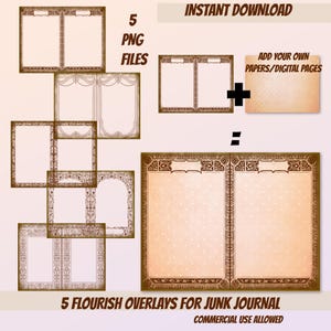 Vintage Flourish faded brown OVERLAY for junk journal pages PNG frame commercial use journal page template design your own papers