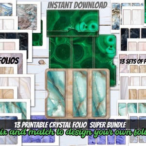 Puede incluir: Un paquete de arte digital con 13 folios y 13 juegos de bolsillos con diseños de cristal. La imagen incluye un folio de malaquita verde, un folio con tonos azules y marrones, y folios con varios patrones de cristal. El texto dice "Descarga instantánea" y "Mix and match to design your own folio!"