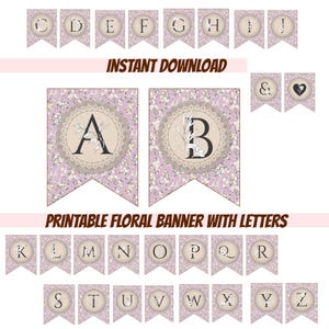 PRINTABLE Vintage Pink Floral alphabet Bunting Banner Digital Download party garland spring cottage party printable decor birthday letters
