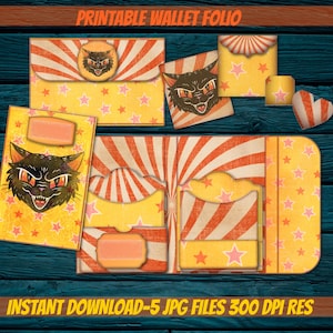 May include: Printable wallet folio with a vintage Halloween theme. The design features a black cat illustration with red eyes, set against a yellow background with orange and white stripes and stars. The text "PRINTABLE WALLET FOLIO" and "INSTANT DOWNLOAD - 5 JPG FILES 300 DPI RES" are visible.