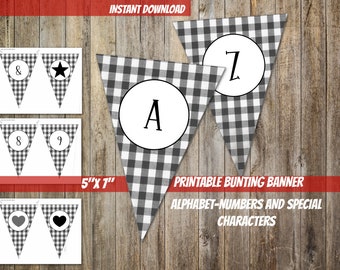 PRINTABLE Black and white alphabet and numbers Bunting Banner ink saver Digital Download Gingham party garland DIY party fair banner