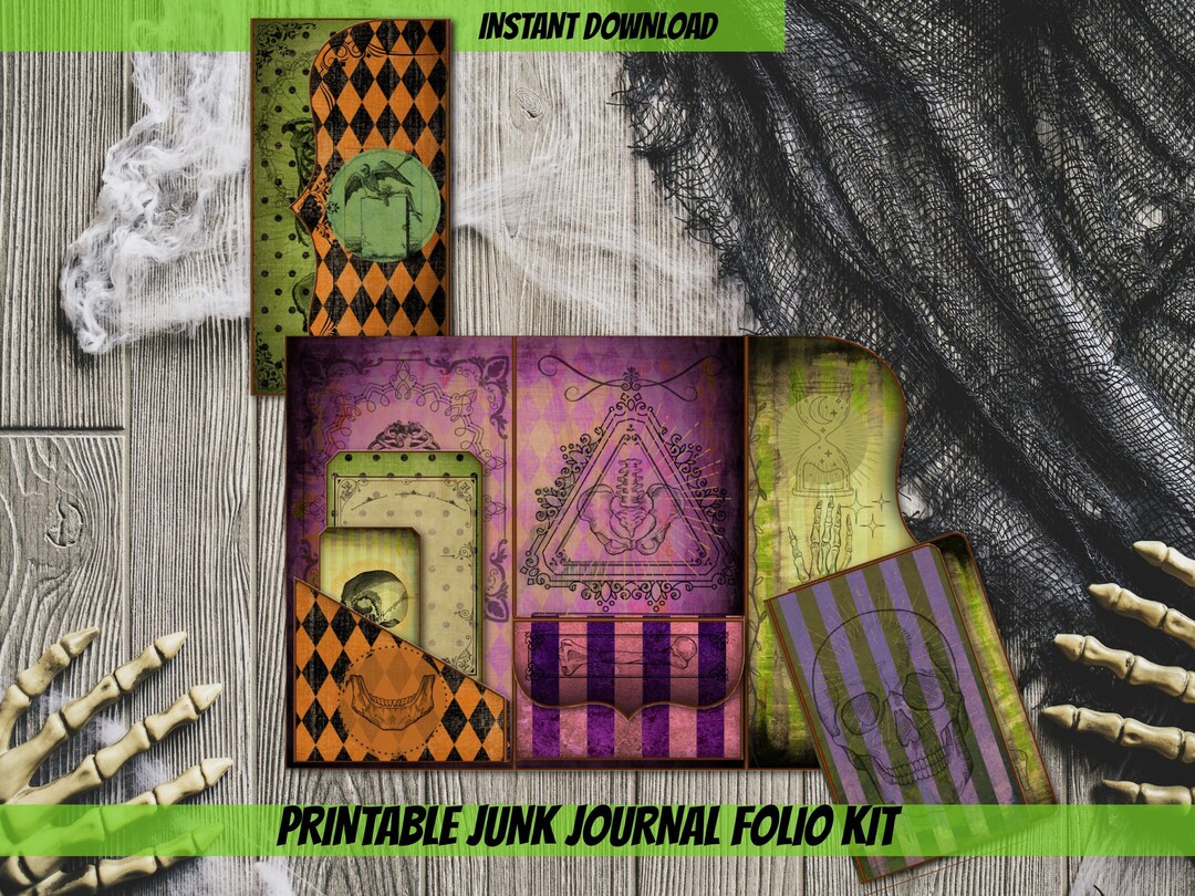 PRINTABLE Halloween Skull Junk Journal Folio Kit DIY Skull Striped ...