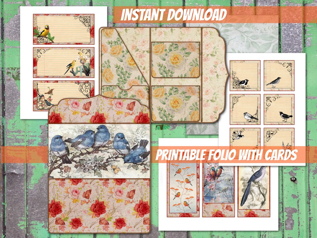 PRINTABLE Vintage Birds Junk Journal Folio Kit Floral Printable Folio ...
