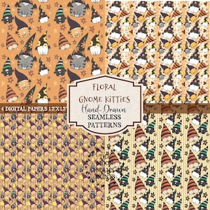 May include: Four digital papers with repeating patterns of gnome kitties in orange, yellow, and purple. The gnomes wear hats with stripes and floral patterns. The text reads "FLORAL GNOME KITTIES Hand-Drawn SEAMLESS PATTERNS".