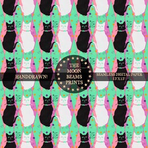 以下が含まれることがあります： 黒と白の猫がターコイズ、ピンク、紫のダイヤモンドの背景に繰り返されるシームレスデジタルペーパー。 デザインには「THE MOON BEAMS PRINTS」と「HAND-DRAWN！」の文字が含まれており、30.5cm x 30.5cmです。