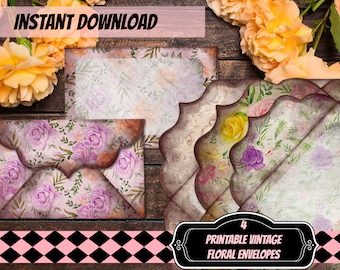 4&quot;x6&quot; PRINTABLE floral envelopes-printable envelopes-junk journal-scrapbooking-vintage envelope-vintage floral envelope-DIY digital file