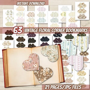 Puede incluir: Descarga digital de marcapáginas de esquina floral vintage. La imagen muestra una variedad de marcapáginas en forma de nube y corazón con patrones florales. Los marcapáginas son de varios colores, incluyendo rosa, marrón y azul. También se ve un libro abierto.