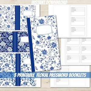 Puede incluir: Tres portadas de libretas de contraseñas imprimibles con un patrón floral azul y blanco. Las portadas tienen un espacio en blanco para un título y una franja azul en el centro. El texto "3 Printable Floral Password Booklets" está en la parte inferior de la imagen.