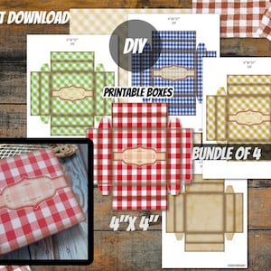 May include: Printable DIY 4x4 inch boxes with gingham patterns in red, blue, green, and yellow. The printable boxes are labeled "DIY Printable Boxes" and "Bundle of 4".