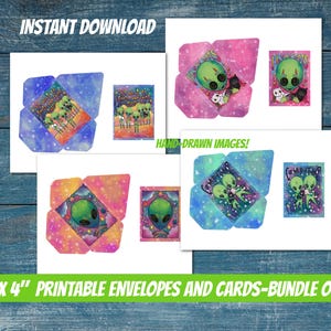 May include: Printable set of four 3x4 inch envelopes and cards featuring hand-drawn alien illustrations. The envelopes and cards have a galaxy-themed design with pink, blue, and green colours.