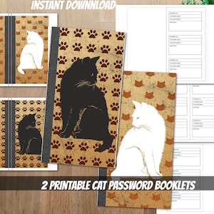 2 PRINTABLE password tracker booklet Vintage Black and White Cat Notebook insert digital Password keeper download cat lovers paw print