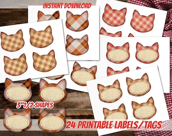 PRINTABLE cat shaped kitchen label bundle-Gingham pattern baking business printable plaid tags retro kitchen tags vintage cat mom gift