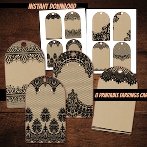 Printable brown earring display cards vintage lace earring display card bundle printables jewelry cards for small business jewelry makers