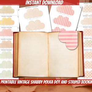 Peut inclure: 30 marque-pages imprimables vintage shabby chic à pois et à rayures. Les marque-pages sont en forme de nuages et de cœurs. Les marque-pages sont de différentes couleurs, notamment rose, jaune, vert et marron.