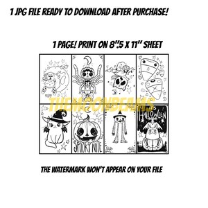 May include: A printable coloring page featuring eight Halloween-themed illustrations. The illustrations include a cat wearing a witch's hat, a pumpkin, a spooky figure, a candy corn, and more. The page is designed to be printed on an 8.5 x 11 inch sheet of paper.