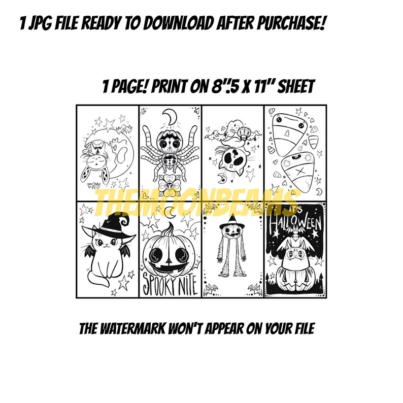 May include: A printable coloring page featuring eight Halloween-themed illustrations. The illustrations include a cat wearing a witch's hat, a pumpkin, a spooky figure, a candy corn, and more. The page is designed to be printed on an 8.5 x 11 inch sheet of paper.