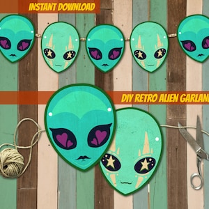 May include: A DIY retro alien garland with teal and purple alien faces strung on twine. The image includes the text "INSTANT DOWNLOAD" and "DIY RETRO ALIEN GARLAND". Scissors and a ball of twine are also visible.