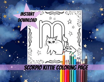 PRINTABLE Scorpio Zodiac Kittie Coloring page Digital Horoscope Cat Coloring pages Celestial coloring  zodiac Sign for cats lovers