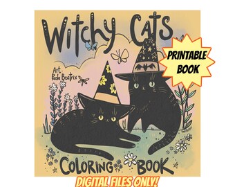 Libro para colorear de gatos brujos para imprimir, libro para colorear de gatos espeluznantes, páginas para colorear de gatos digitales, libro para colorear de Halloween retro para adolescentes y adultos