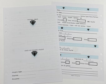 May include: A printable diamond painting project log sheet with sections for project details, purchase details, completion notes, and a space for a photo of the original image and the finished project. The sheet is printed on white paper with black text.