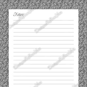 May include: A blank lined sheet of paper with a grey floral border. The text "Notes:" is at the top of the page.
