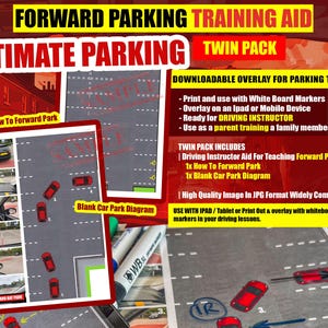 Könnte beinhalten: Ein digitaler Download zum Unterrichten des Vorwärts-Parkens. Das Bild zeigt ein Diagramm eines Autos, das in einem Parkplatz parkt. Der Download enthält ein leeres Diagramm und ein Diagramm mit einem Auto auf dem Parkplatz. Der Text "Forward Parking Training Aid" und "Ultimate Parking Twin Pack" ist im Bild sichtbar.
