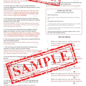 May include: A black and white document with a red stamp that says "SAMPLE" over the text. The document is a checklist of driving test questions for a driving test. The questions are in a "tell me" and "show me" format. The "tell me" questions ask the driver to explain how they would perform a safety task, while the "show me" questions ask the driver to demonstrate the task.